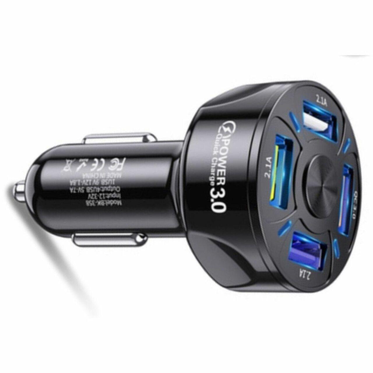 Black 4-Port LED Fast Car Charger with 6FT Cable - Quick Charge 3.0, Universal Compatibility, 4X Faster than Standard Chargers