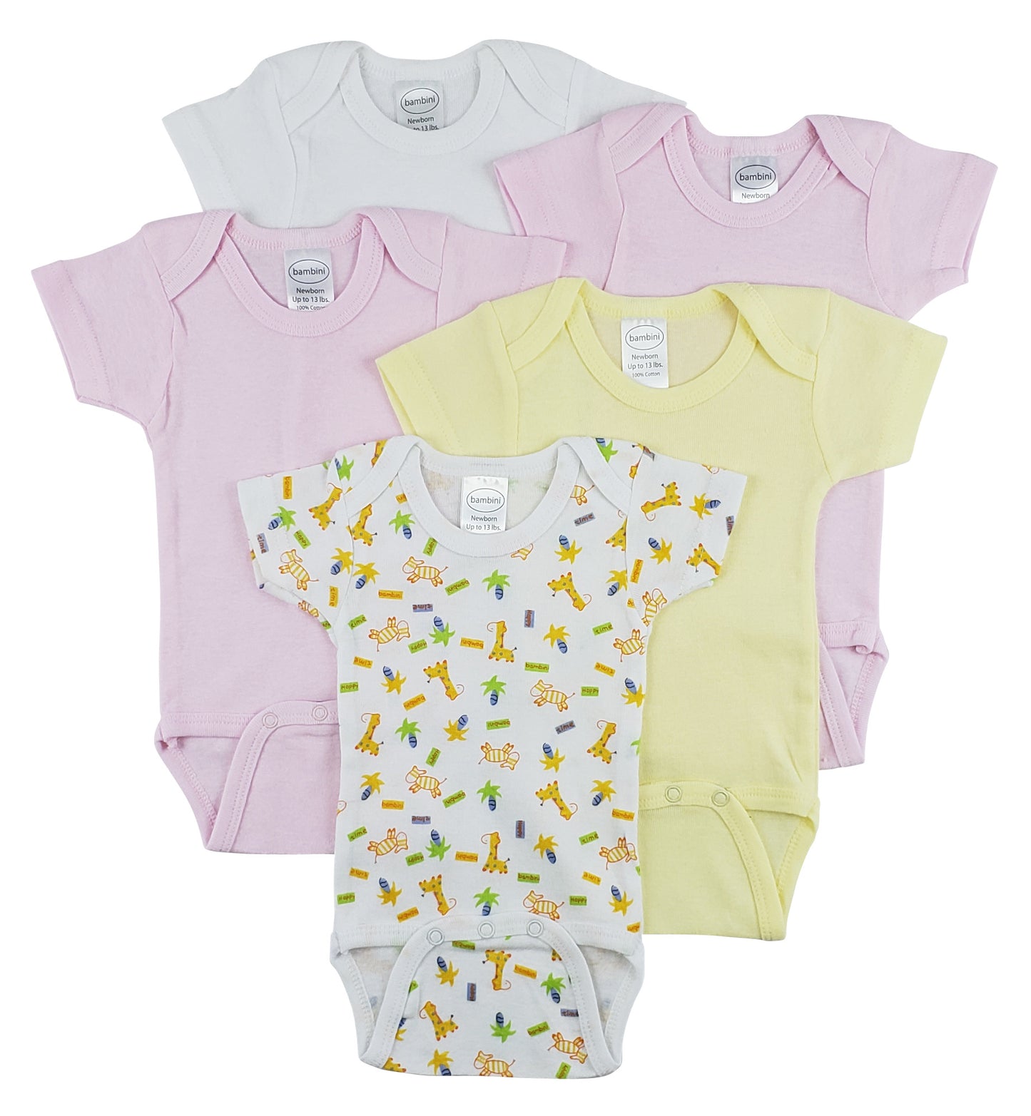 Bambini Short Sleeve One Piece 5-Pack - 100% Cotton, Comfortable, Expandable Neckline, Snug Fit