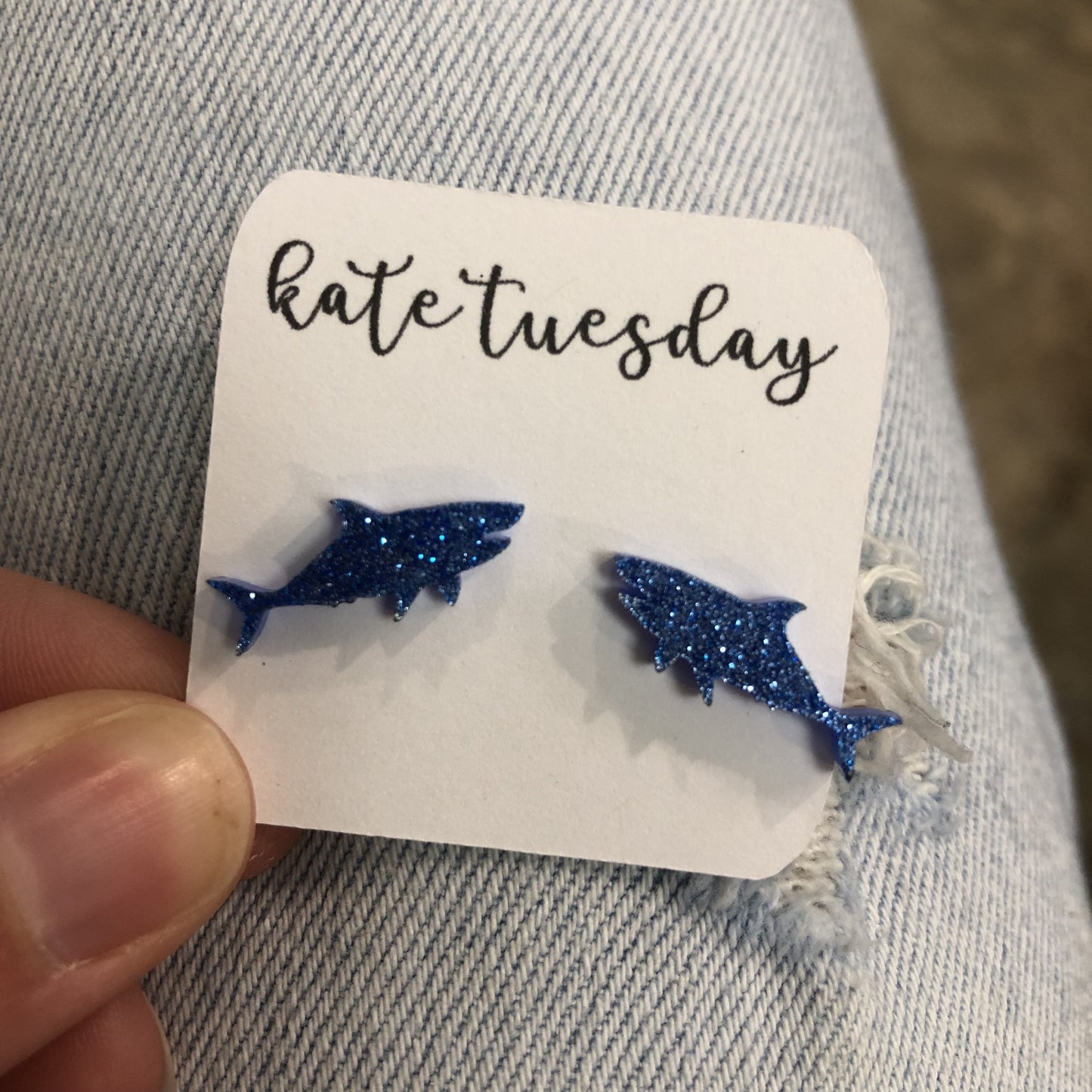 Baby Blue Shark Glittery Acrylic Earrings - Fun, Summer-Inspired Design