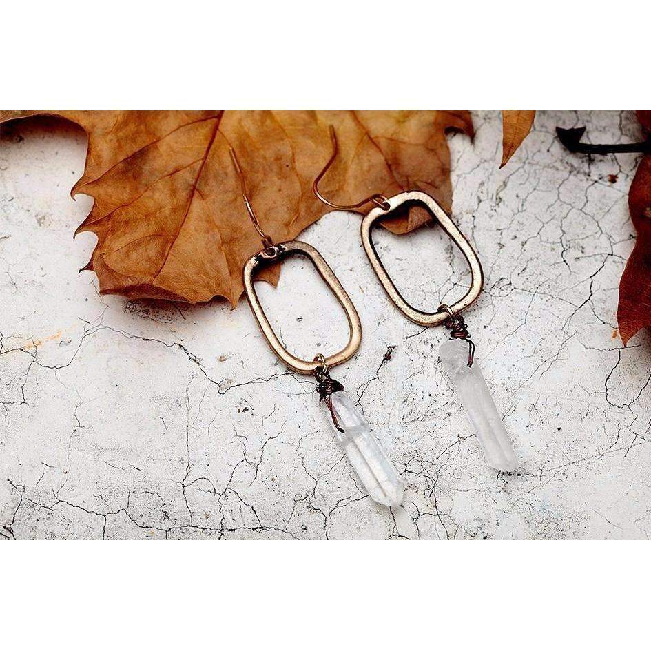 Antique Quartz Drop Earrings - Crystal Quartz Stone, Antique Gold Color, High-Quality Zinc Alloy, 2.34" Drop