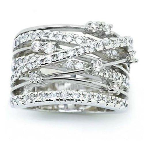 Crystal Crossover Ring - Zinc Alloy & Crystal, Available in All Silver or Rose Gold/Silver Mix, Sizes 5-12