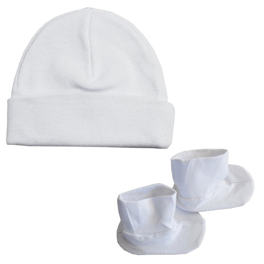 Bambini Infant Cap & Booties Set - 100% Cotton 1x1 Rib Knit, White, Soft and Comfortable, One Size
