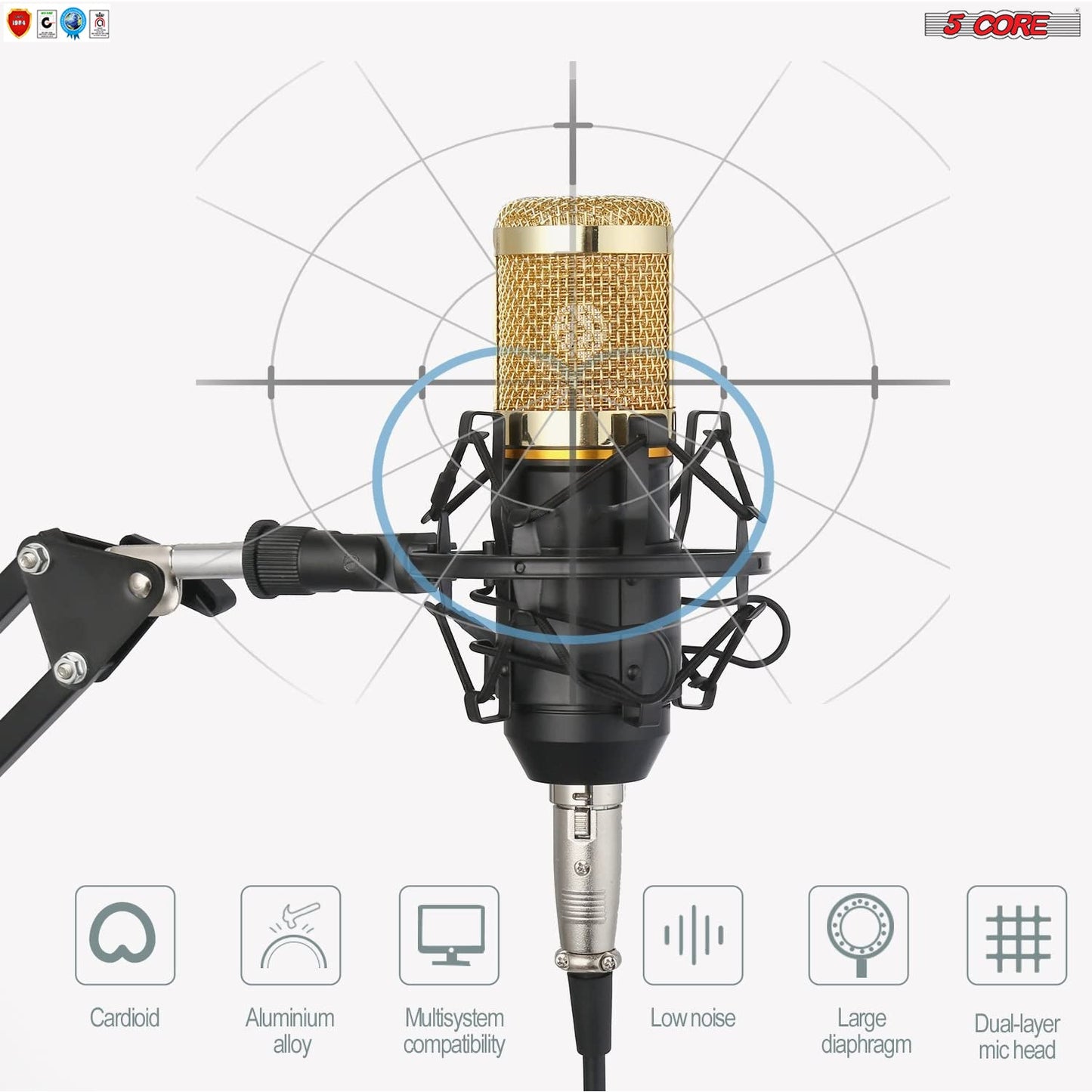 5 Core Professional Podcast Equipment Bundle - Condenser Microphone, Adjustable Boom Arm, Sound Card, Shock Mount, Pop Filter, Windscreen & XLR Cord