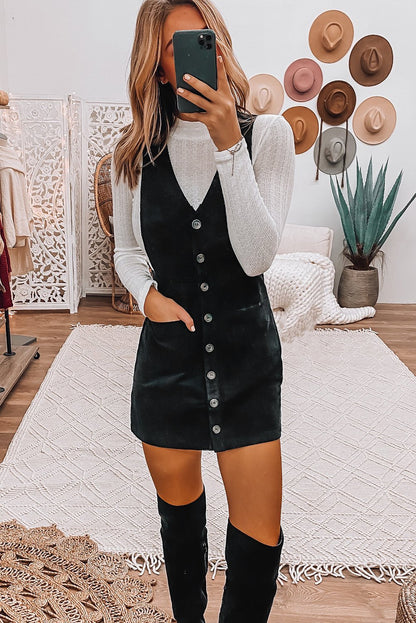 Corduroy Overall Sleeveless Mini Dress with Pockets - Vintage Button Front, Soft Fabric, Fall/Winter Fashion