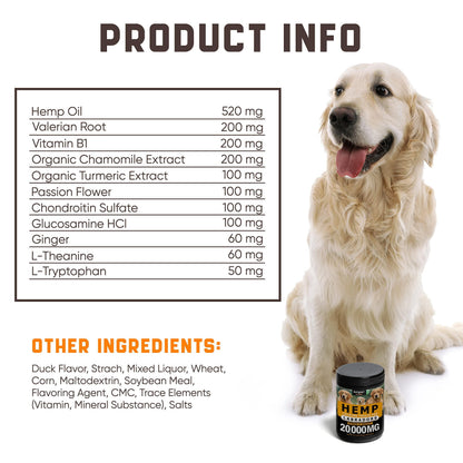 Calming Chews for Labrador Dogs - Valerian Root, Hemp Oil, Duck Flavor, Joint & Skin Support