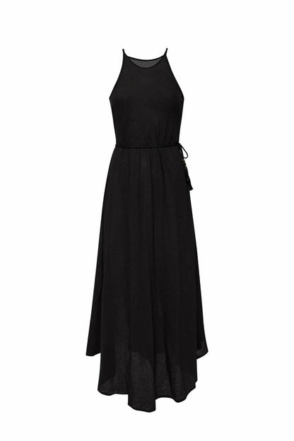 Callie Maxi Dress - Black, 100% Cotton, Relaxed Fit, Adjustable Waist Tassels, Vacation Ready