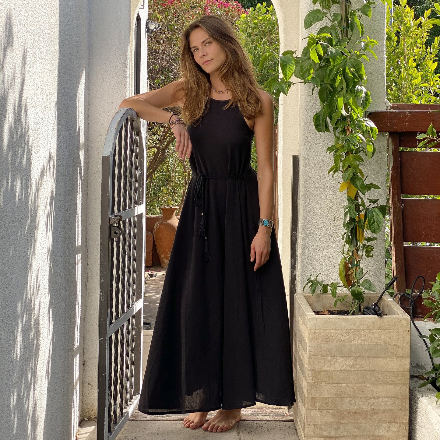 Callie Maxi Dress - Black, 100% Cotton, Relaxed Fit, Adjustable Waist Tassels, Vacation Ready