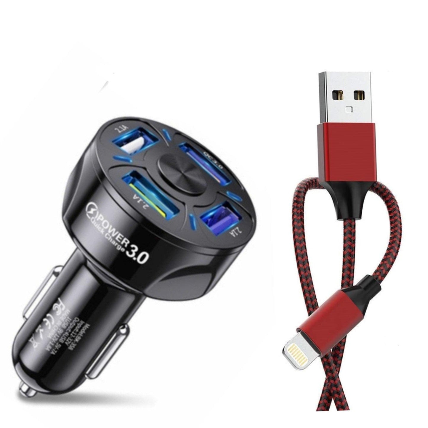 Black 4-Port LED Fast Car Charger with 6FT Cable - Quick Charge 3.0, Universal Compatibility, 4X Faster than Standard Chargers