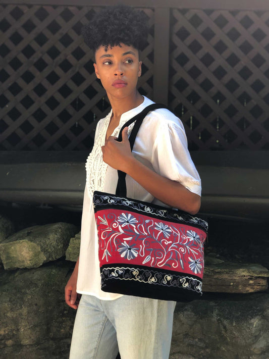 Handmade Red and Black Suede Embroidered Tote Bag