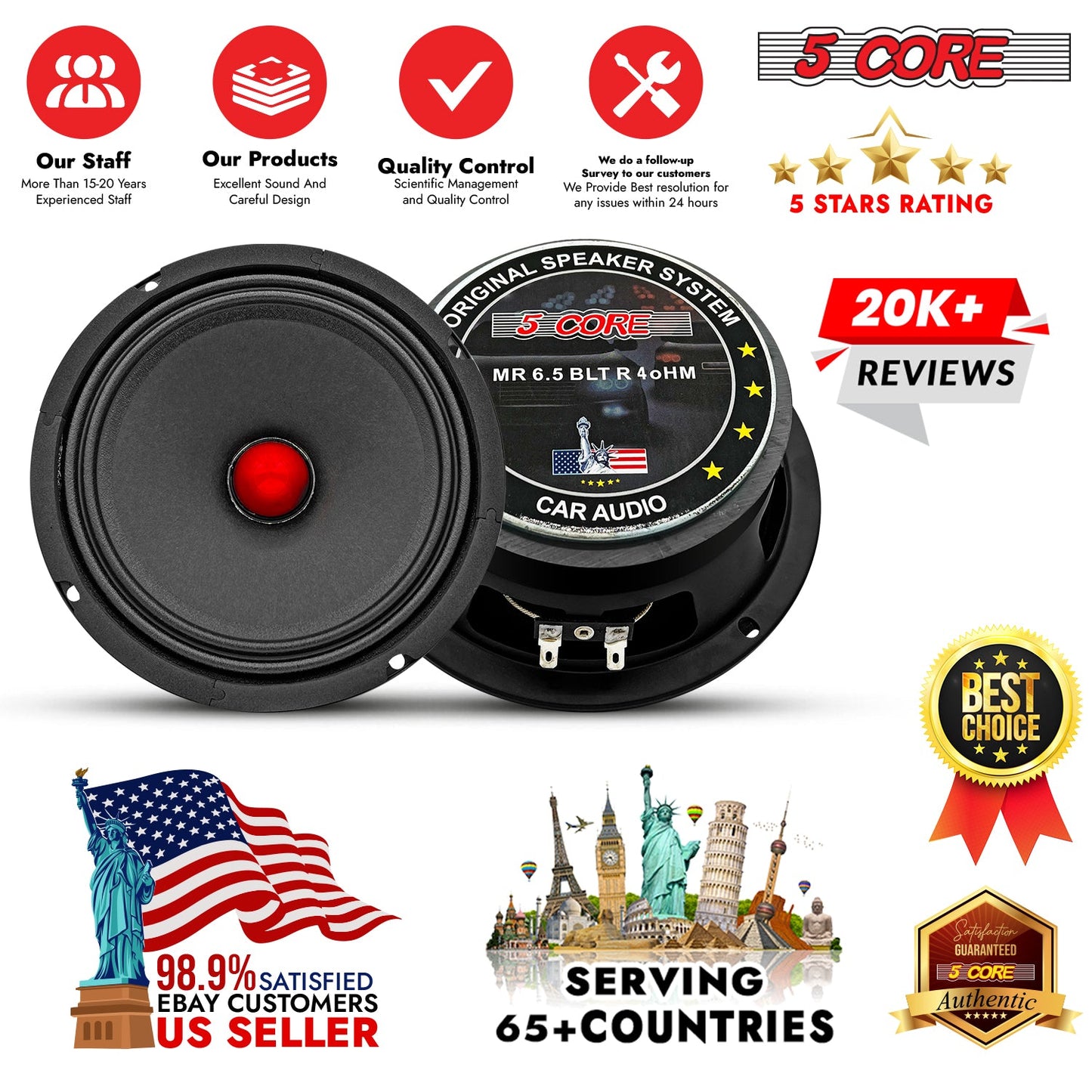 5Core 6.5 Inch Midrange Car Door Speaker 360W Subwoofer w Aluminum