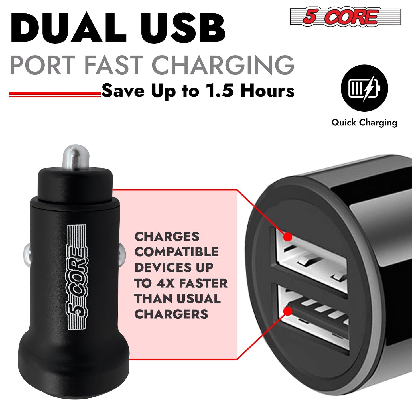 5 Core USB Car Charger Cigarette Lighter Adapter Dual USB Port Adapter