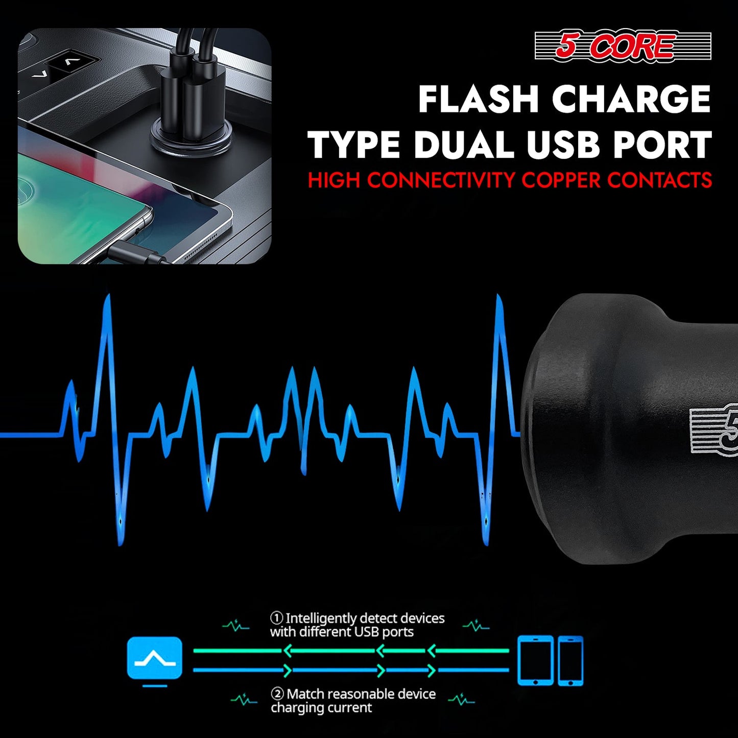 5 Core USB Car Charger Cigarette Lighter Adapter Dual USB Port Adapter