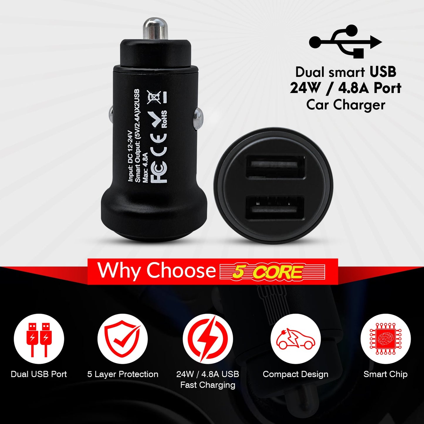 5 Core USB Car Charger Cigarette Lighter Adapter Dual USB Port Adapter