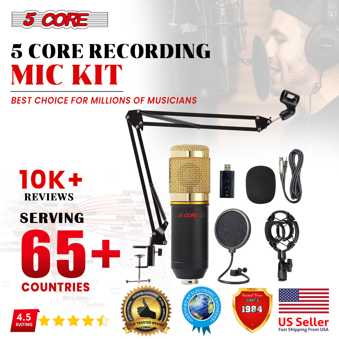 5 Core Professional Podcast Equipment Bundle - Condenser Microphone, Adjustable Boom Arm, Sound Card, Shock Mount, Pop Filter, Windscreen & XLR Cord