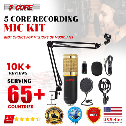 5 Core Professional Podcast Equipment Bundle - Condenser Microphone, Adjustable Boom Arm, Sound Card, Shock Mount, Pop Filter, Windscreen & XLR Cord