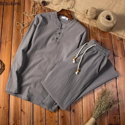 Cotton Linen Men's Long-Sleeved Shirt & Pants Set - M to 5XL