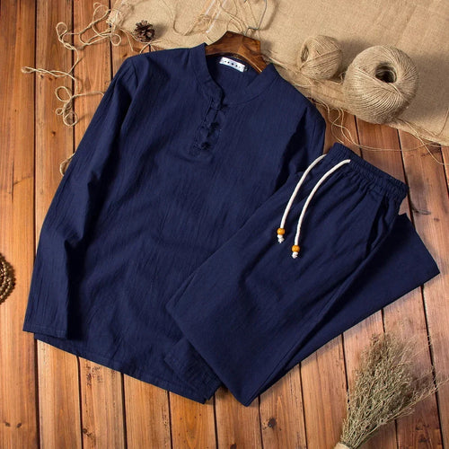 Cotton Linen Men's Long-Sleeved Shirt & Pants Set - M to 5XL
