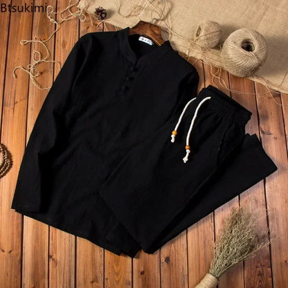 Cotton Linen Men's Long-Sleeved Shirt & Pants Set - M to 5XL