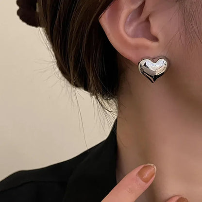 LATS Gold Color Smooth Surface Love Heart Shaped Stud Earrings Women