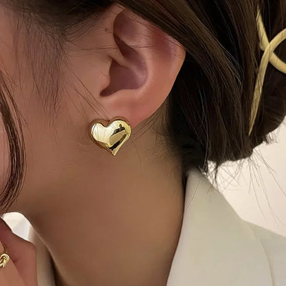 LATS Gold Color Smooth Surface Love Heart Shaped Stud Earrings Women
