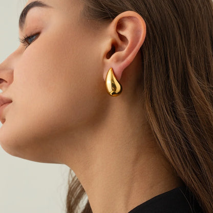 2pc New Sleek Golden Chunky Water Drop Dome Stud Earrings Women Metal
