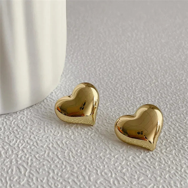 LATS Gold Color Smooth Surface Love Heart Shaped Stud Earrings Women