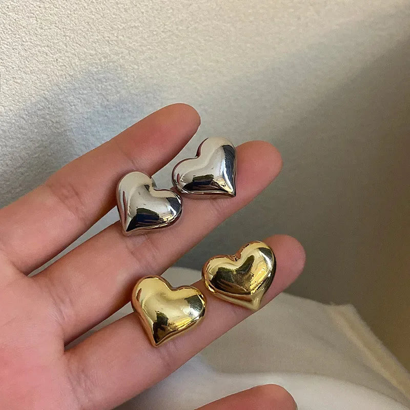 LATS Gold Color Smooth Surface Love Heart Shaped Stud Earrings Women
