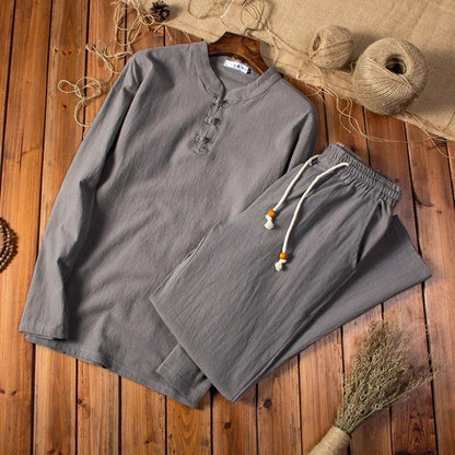 Cotton Linen Men's Long-Sleeved Shirt & Pants Set - M to 5XL