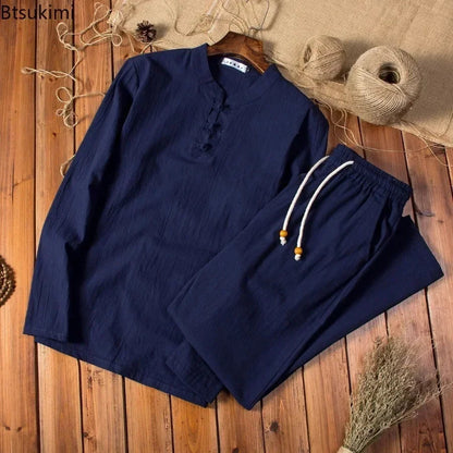 Cotton Linen Men's Long-Sleeved Shirt & Pants Set - M to 5XL