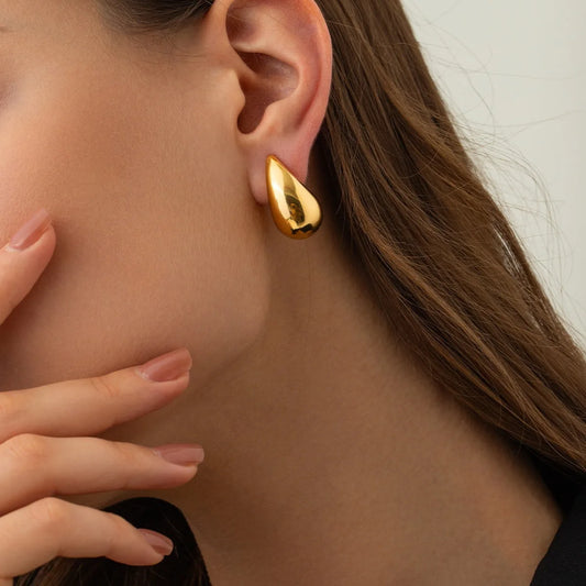 2pc New Sleek Golden Chunky Water Drop Dome Stud Earrings Women Metal