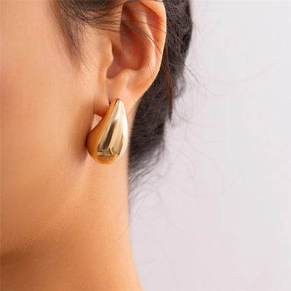 2pc New Sleek Golden Chunky Water Drop Dome Stud Earrings Women Metal