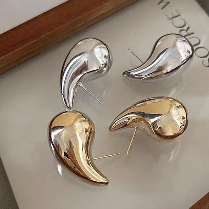 2pc New Sleek Golden Chunky Water Drop Dome Stud Earrings Women Metal
