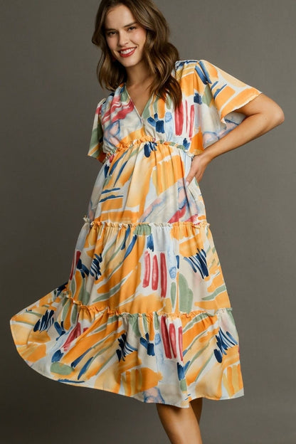 Umgee Full Size Abstract Print Flutter Sleeve Frill Tiered Midi Dress