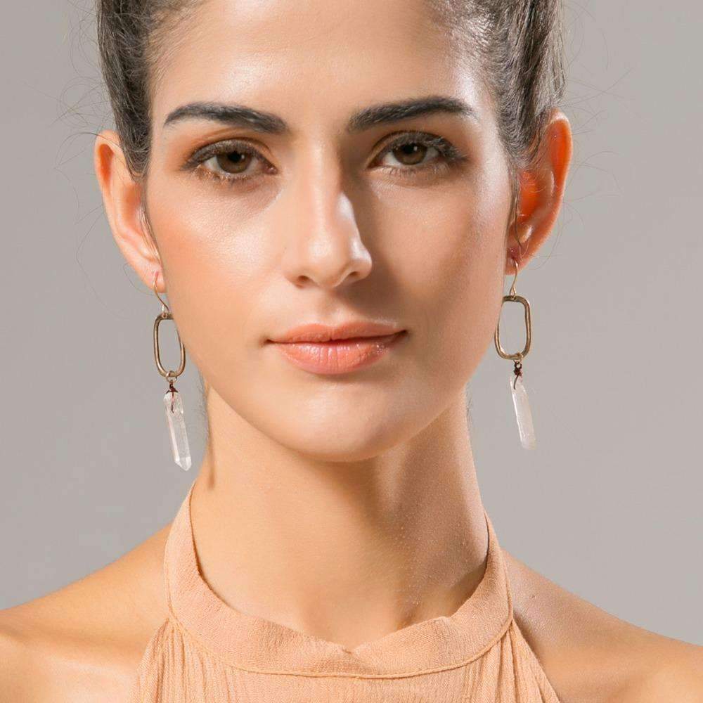 Antique Quartz Drop Earrings - Crystal Quartz Stone, Antique Gold Color, High-Quality Zinc Alloy, 2.34" Drop