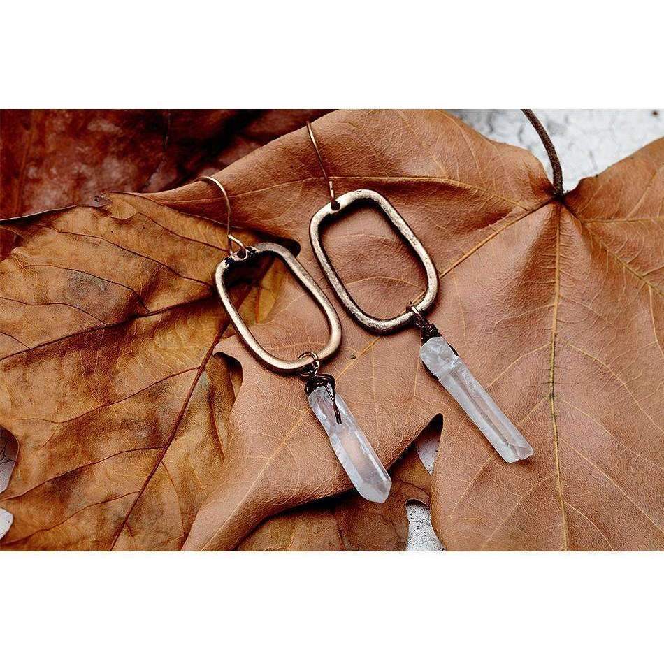 Antique Quartz Drop Earrings - Crystal Quartz Stone, Antique Gold Color, High-Quality Zinc Alloy, 2.34" Drop