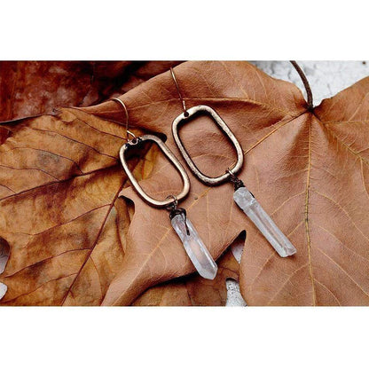 Antique Quartz Drop Earrings - Crystal Quartz Stone, Antique Gold Color, High-Quality Zinc Alloy, 2.34" Drop