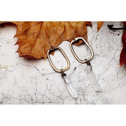 Antique Quartz Drop Earrings - Crystal Quartz Stone, Antique Gold Color, High-Quality Zinc Alloy, 2.34" Drop