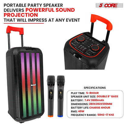 5Core Bluetooth Party Speaker 8 inch PA RGB Partybox Karaoke Machine +
