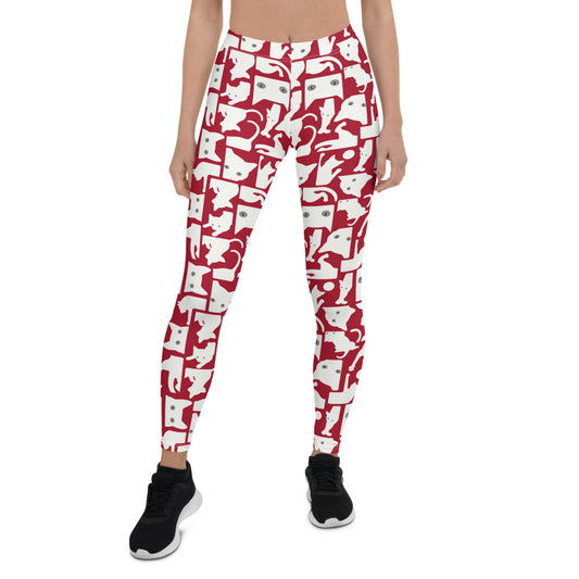 Women's White Cat Silhouette on Red Leggings
