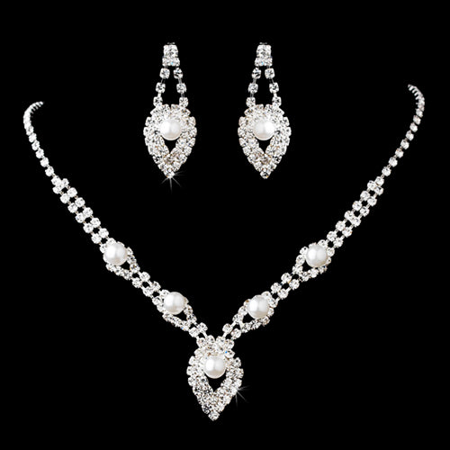 Bridal Wedding Crystal Rhinestone Pearl Jewelry Set - Rhodium Plated, 13" Necklace, 1.5" Drop Earrings