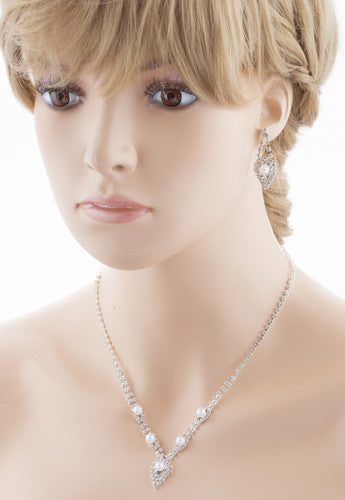 Bridal Wedding Crystal Rhinestone Pearl Jewelry Set - Rhodium Plated, 13" Necklace, 1.5" Drop Earrings