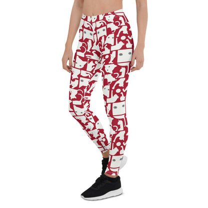 Women's White Cat Silhouette on Red Leggings