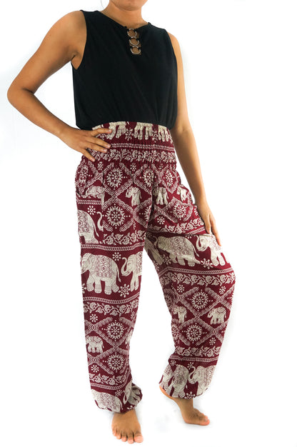 Burgundy Elephant Pants - Boho, Hippie, Yoga Harem Pants for Women, 100% Rayon, Elastic Waist, One Side Pocket