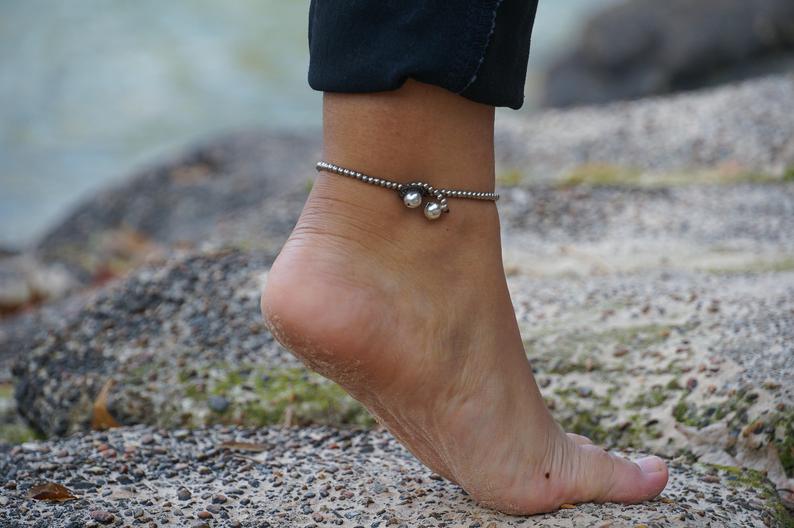 Black Silver Bell Boho Anklet - Handcrafted, Festival & Hippie Style, 10 Inches with Stone and Silver Bells