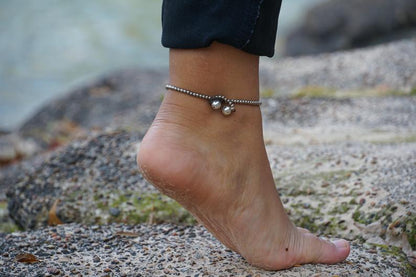 Black Silver Bell Boho Anklet - Handcrafted, Festival & Hippie Style, 10 Inches with Stone and Silver Bells