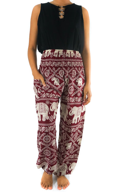 Burgundy Elephant Pants - Boho, Hippie, Yoga Harem Pants for Women, 100% Rayon, Elastic Waist, One Side Pocket