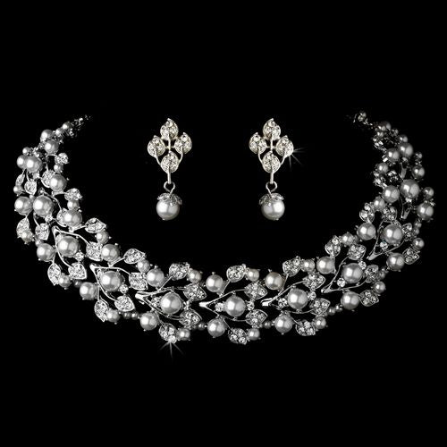 Bridal Wedding Crystal Pearl Necklace & Earrings Set - Silver Plated, Rhinestones, Lobster Claw Closure, Choker Style