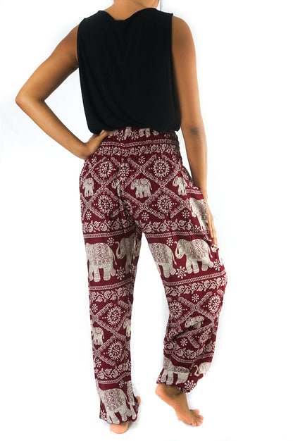 Burgundy Elephant Pants - Boho, Hippie, Yoga Harem Pants for Women, 100% Rayon, Elastic Waist, One Side Pocket