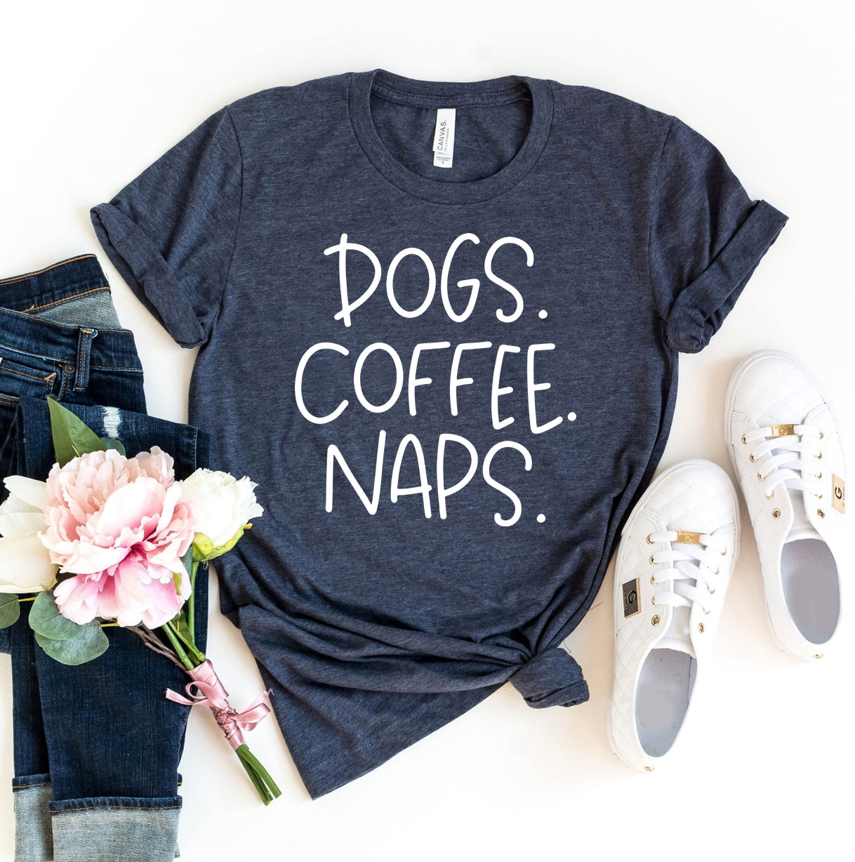 Dogs Coffee Naps T-shirt - Premium Ring Spun Cotton, Soft Textile Flex Print, Bella Canvas