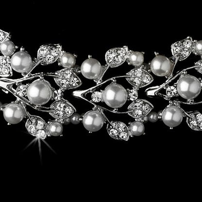 Bridal Wedding Crystal Pearl Necklace & Earrings Set - Silver Plated, Rhinestones, Lobster Claw Closure, Choker Style